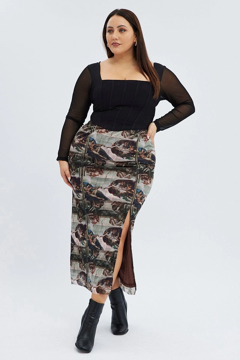 Linen blend Sleek Vibe Brown Abstract Midi Skirt Mesh