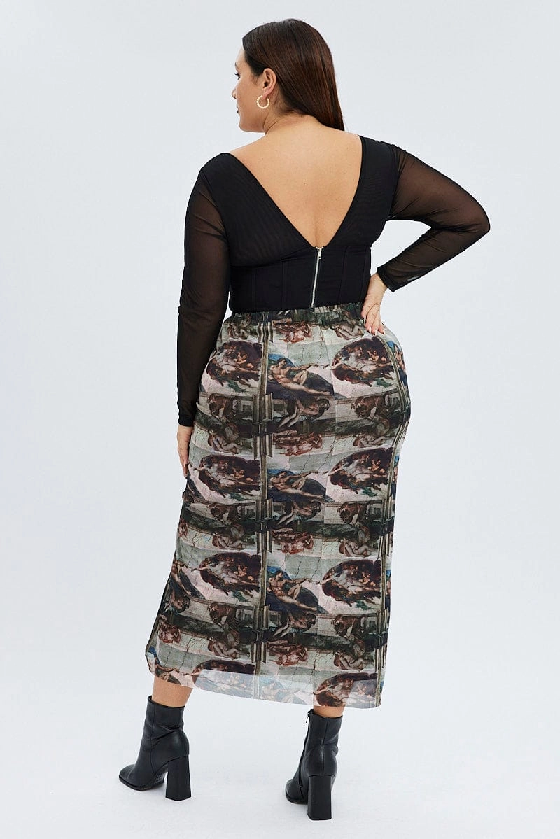 Brown Abstract Midi Skirt Mesh Soft Tones