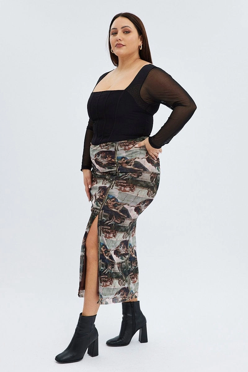 Brown Abstract Midi Skirt Mesh Performance Wear Versatile Outfit