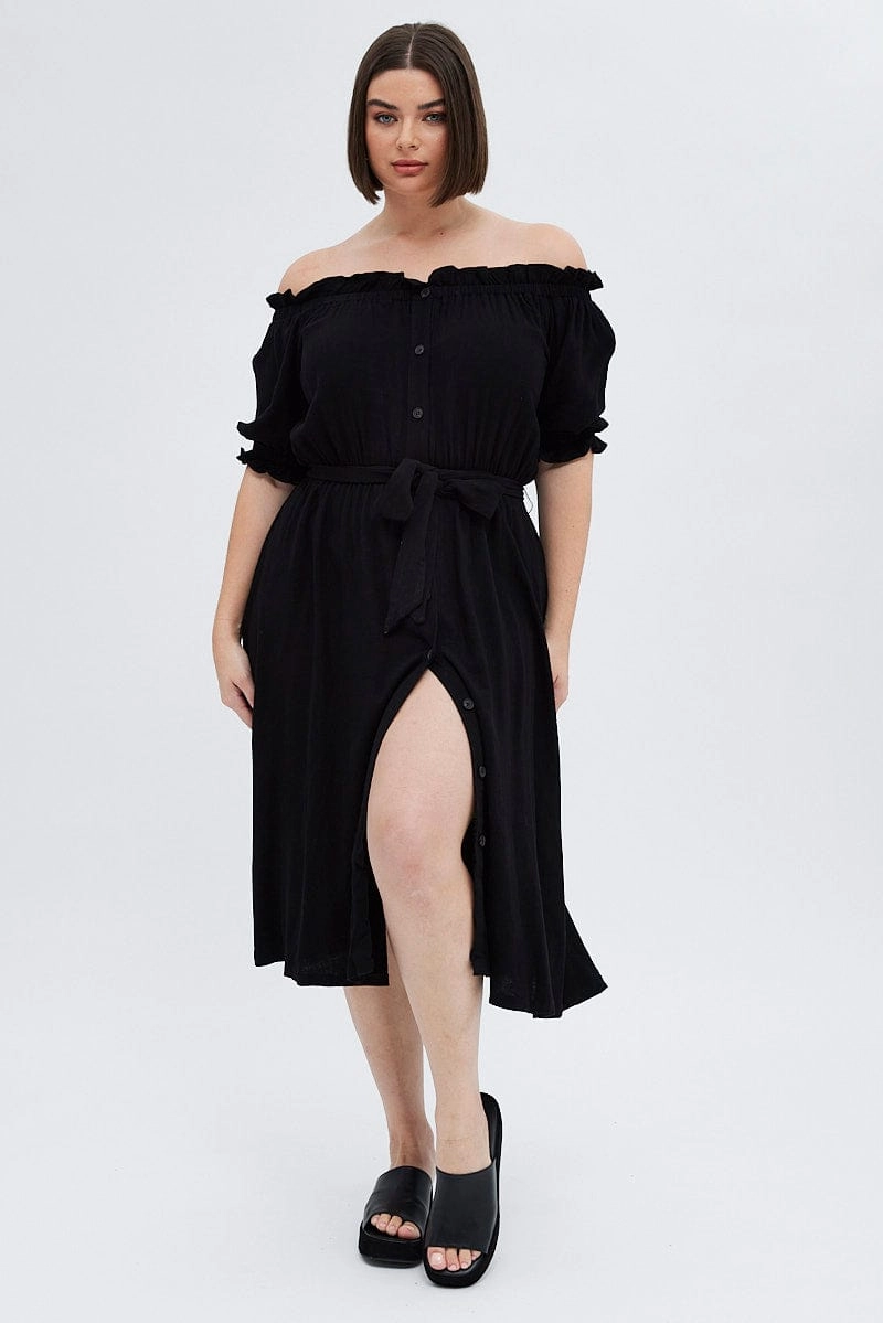 Black Short Sleeve Linen Button Midi Dress Fresh Flow