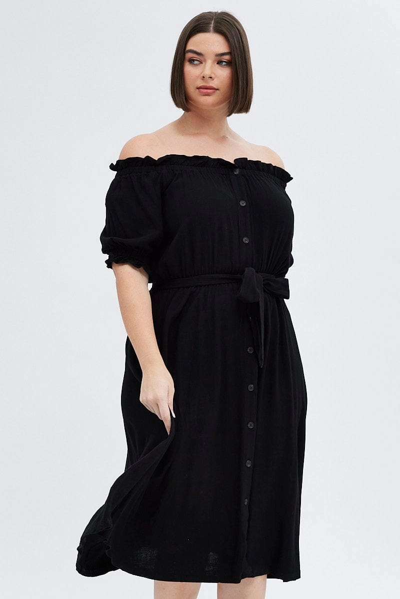Black Short Sleeve Linen Button Midi Dress Perfect for Travel Relax Appeal