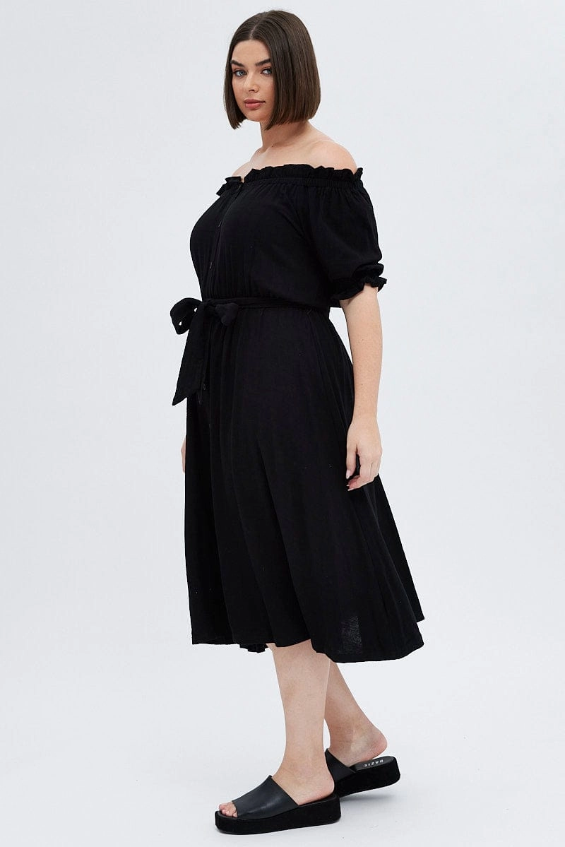 Body Flow Black Short Sleeve Linen Button Midi Dress
