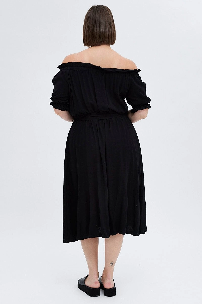 Black Short Sleeve Linen Button Midi Dress Luxury Feel Daily Go