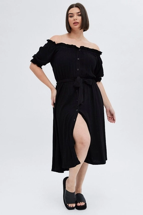 Black Short Sleeve Linen Button Midi Dress Easy Flow Versatile Layers