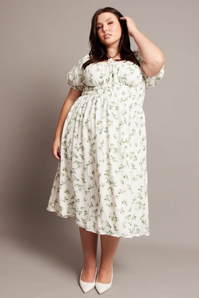 Green Ditsy Midi Dress Short Sleeve Ruched Bust Motion Light Fashion Option