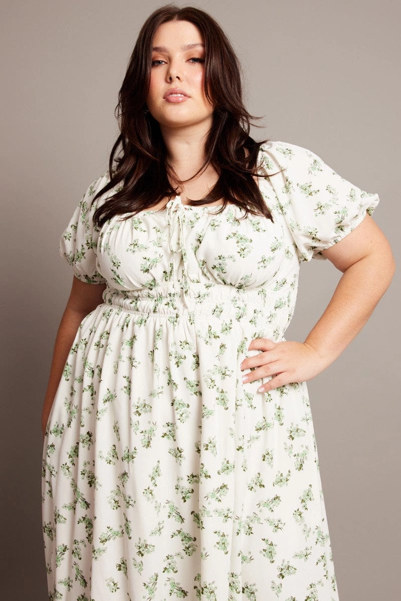 Organic-Fabric Green Ditsy Midi Dress Short Sleeve Ruched Bust