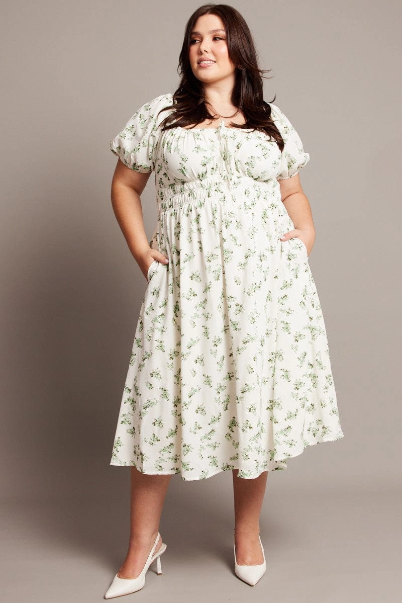 Green Ditsy Midi Dress Short Sleeve Ruched Bust Side Ruching