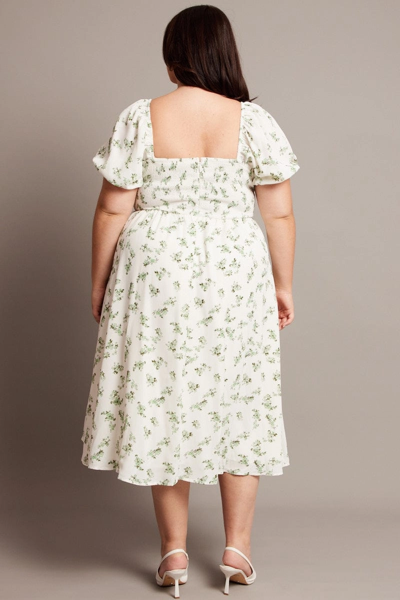 Green Ditsy Midi Dress Short Sleeve Ruched Bust Bold Color Fashion Layers