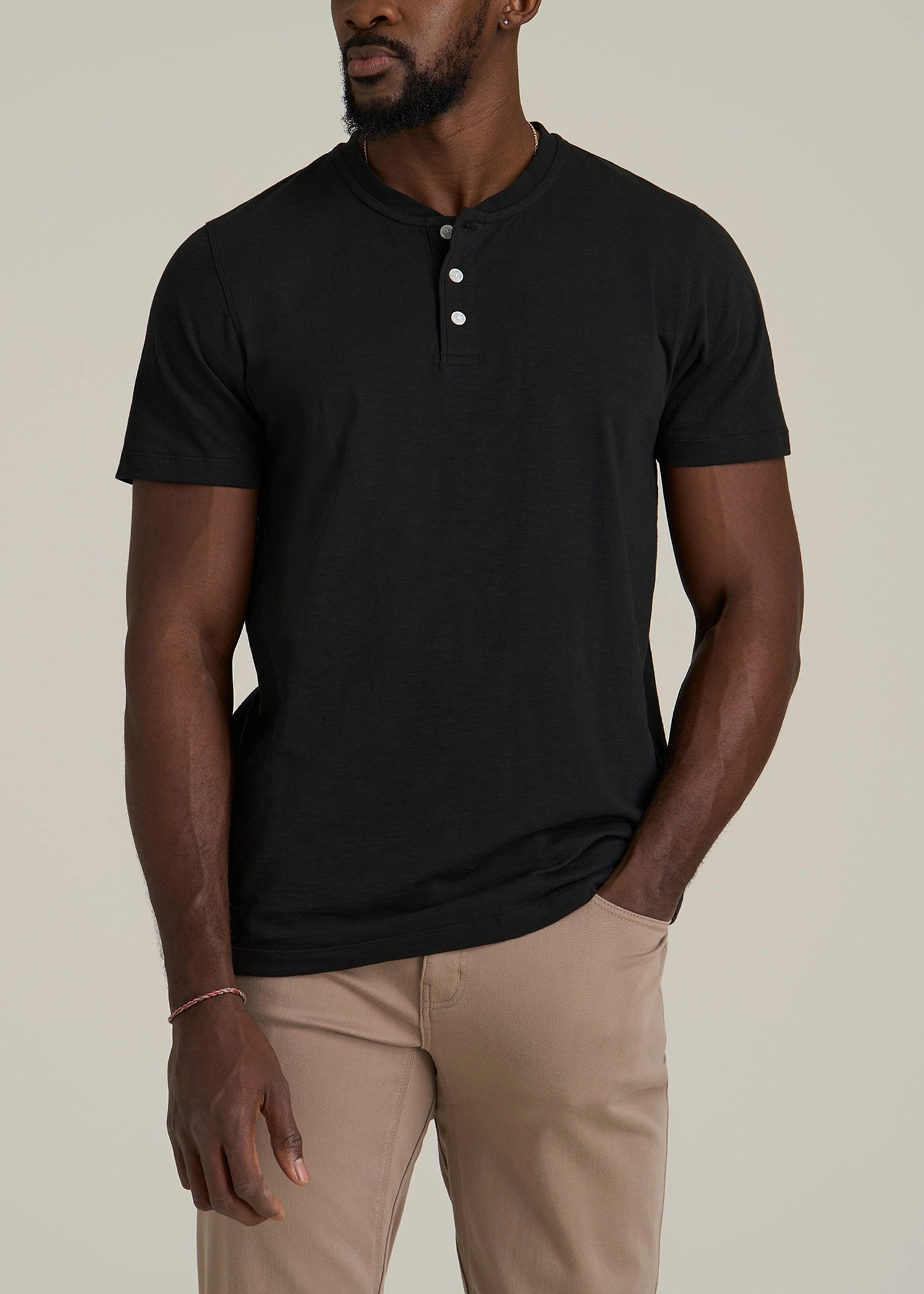 Sunwashed Short Sleeve Slub Henley for Tall Men in Black MicroPerforated Details