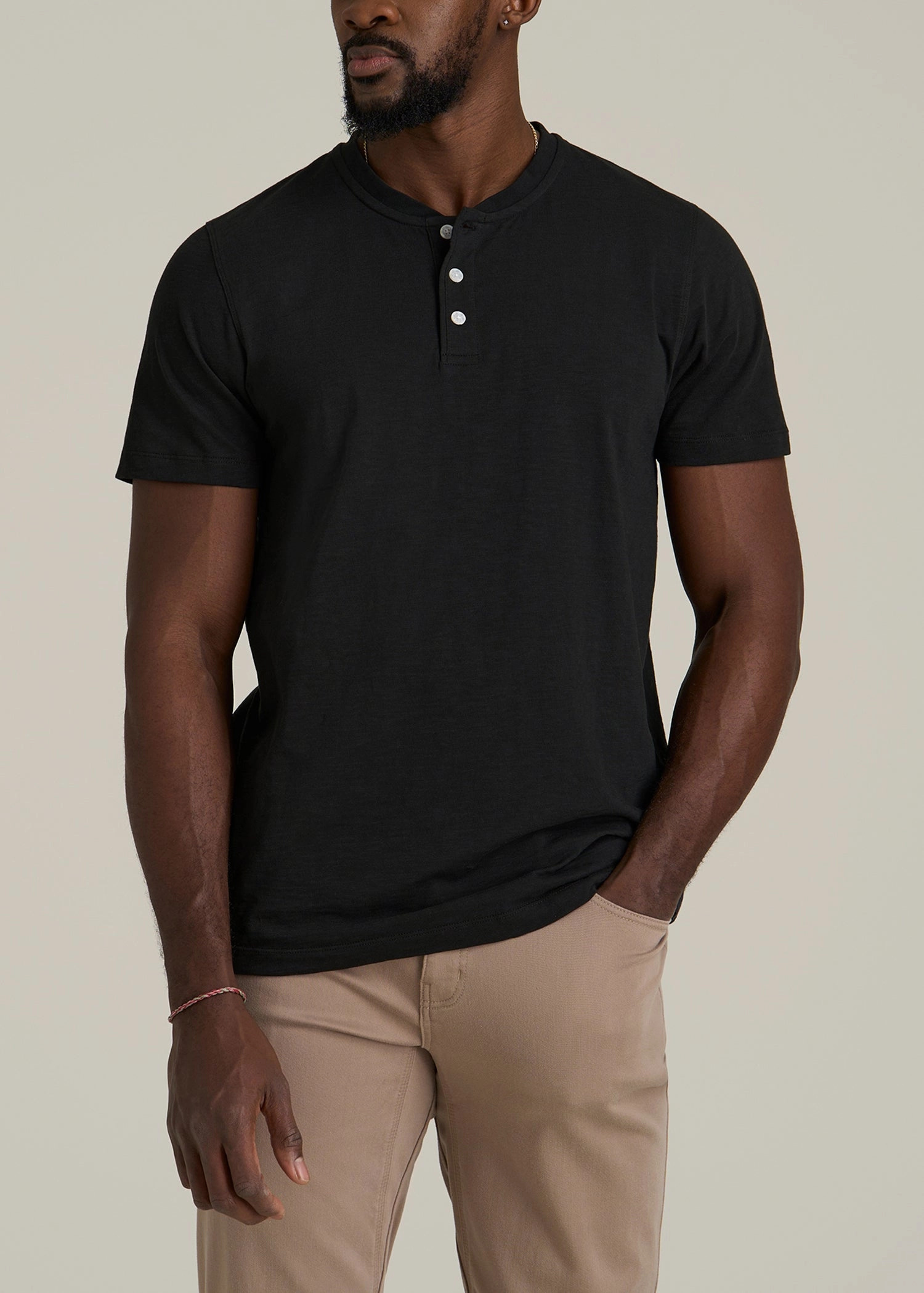 Sunwashed Short Sleeve Slub Henley for Tall Men in Black OversizedSilhouette Recycled Fiber Blend
