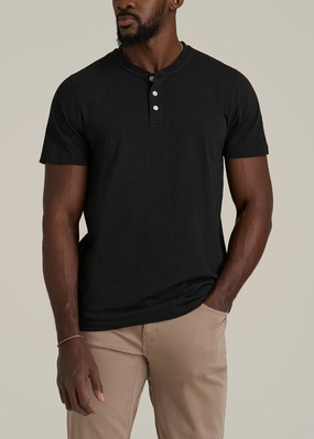 Sunwashed Short Sleeve Slub Henley for Tall Men in Black Fashionable Style NonFade Dye