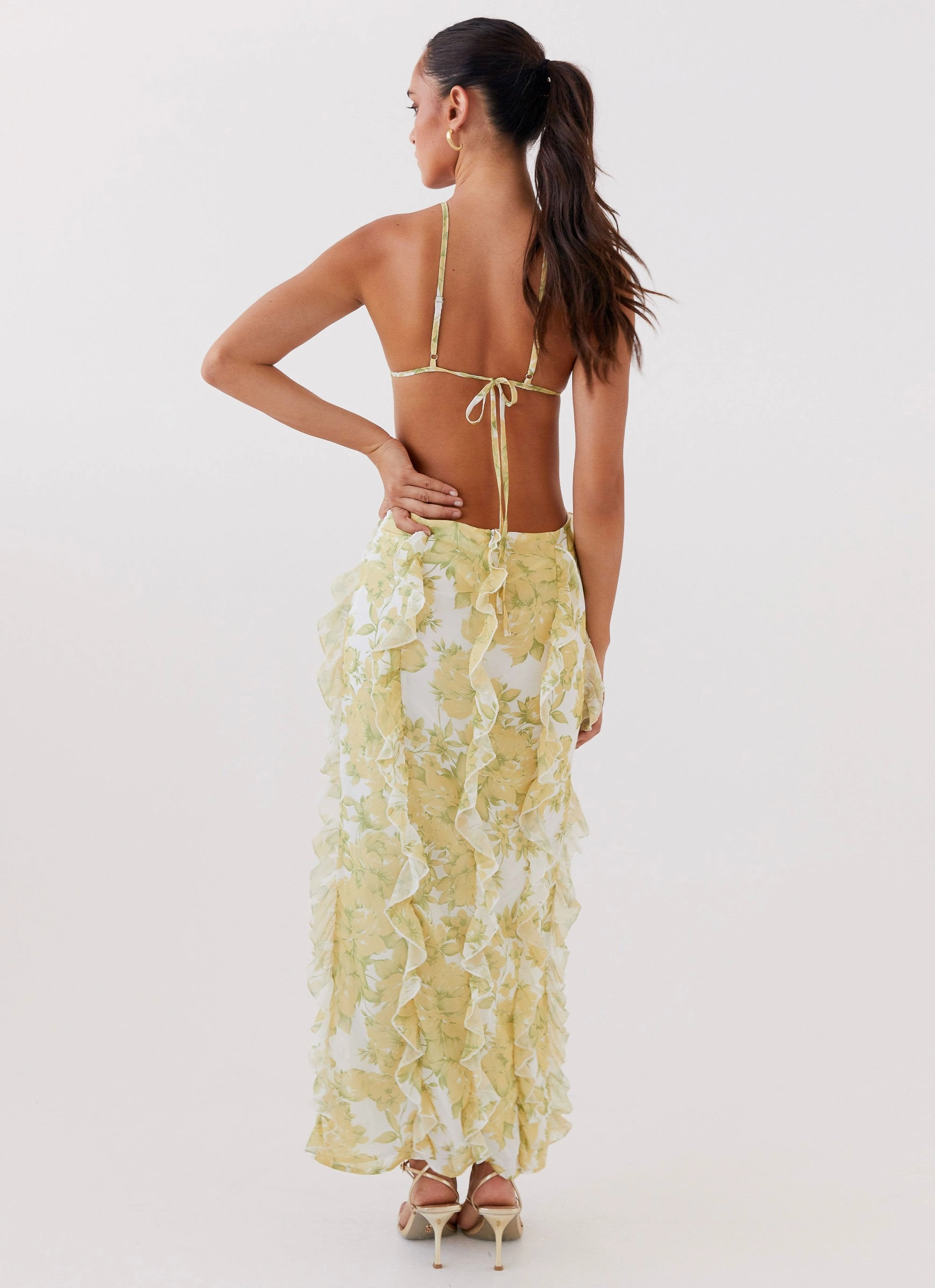 Resort Ready Satin Glow Sunset Kisses Ruffle Maxi Dress - Daffodil