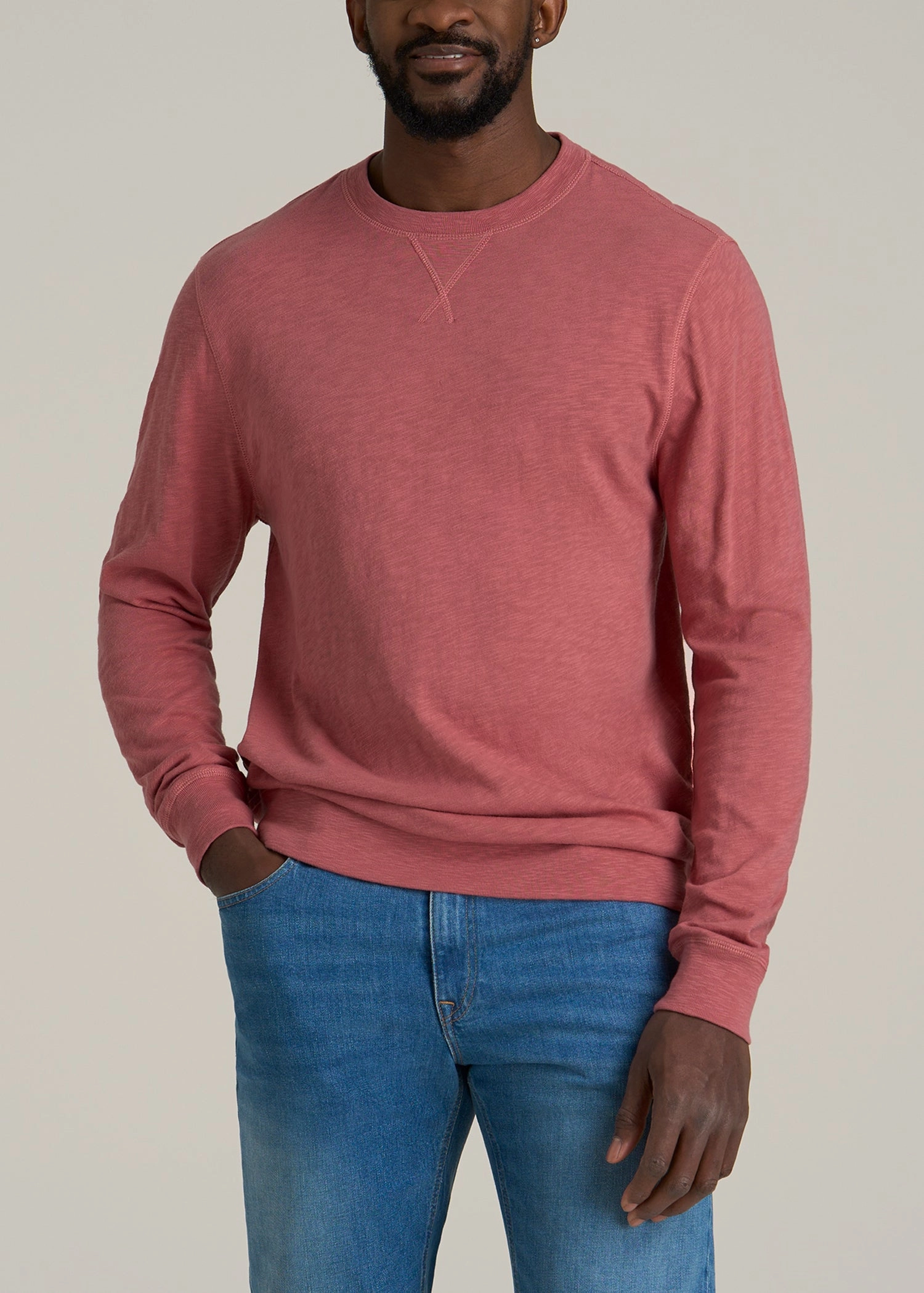 Sunwashed Slub Crewneck for Tall Men in Dusty Cedar Muscular Fit