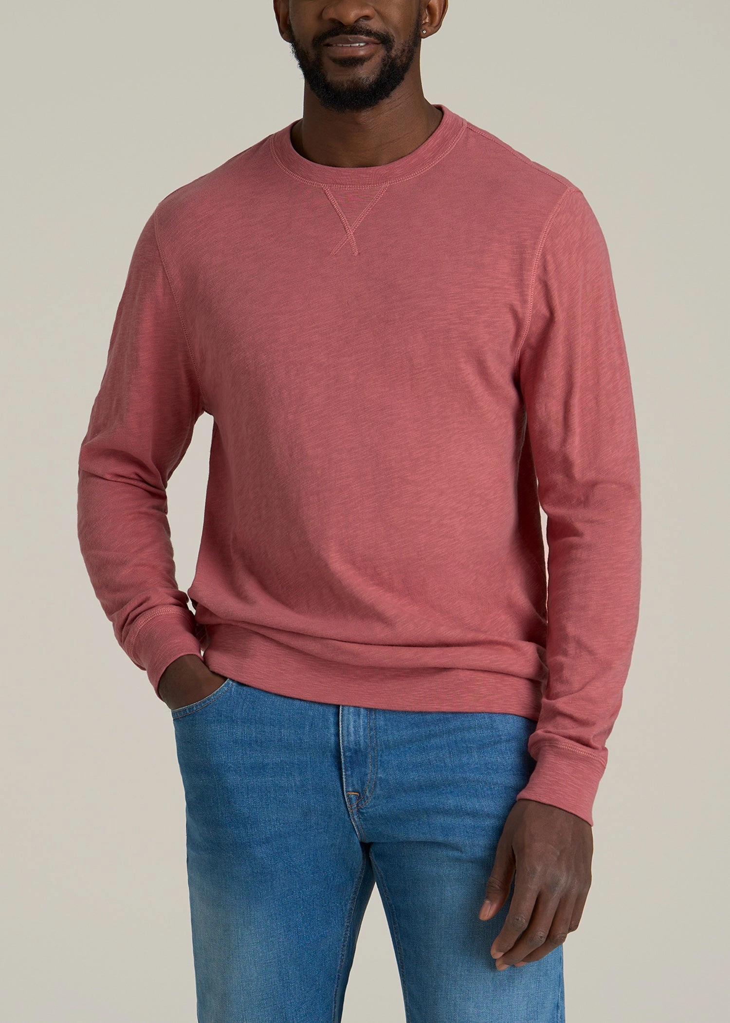 Sunwashed Slub Crewneck for Tall Men in Dusty Cedar Modern Relaxed