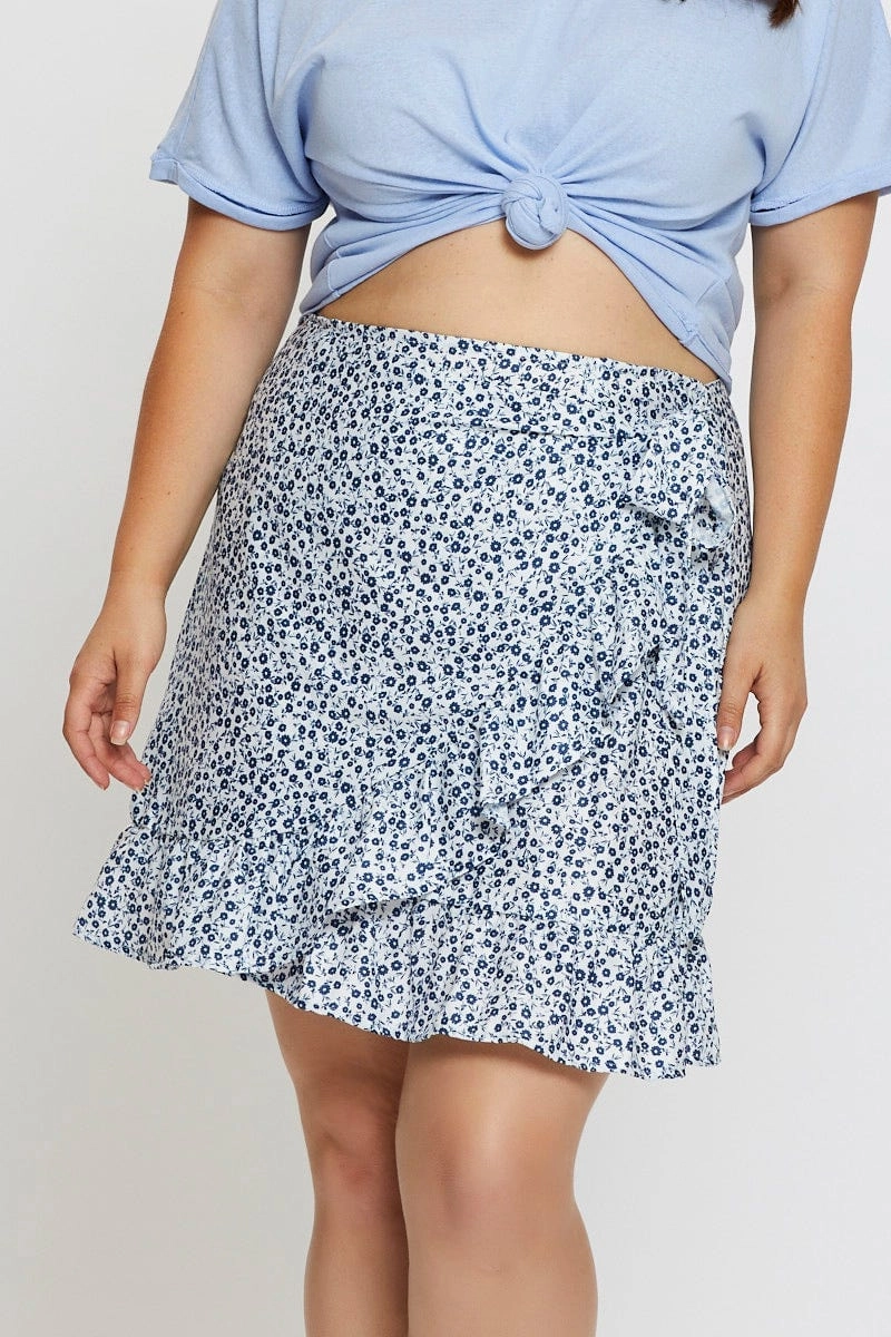 Glossy Texture Floral Print Mini Skater Skirt Ruffle Hem