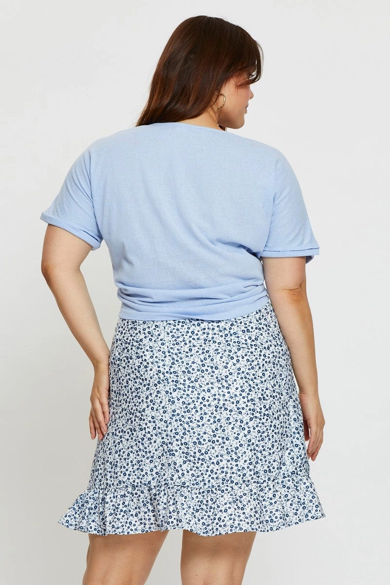 Elasticized Cuff Floral Print Mini Skater Skirt Ruffle Hem