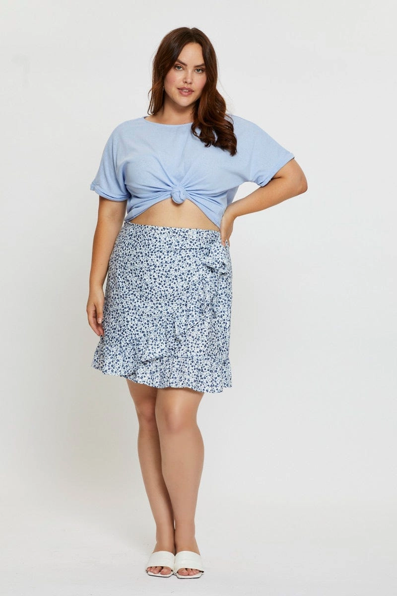 Multi Purpose Fabric Floral Print Mini Skater Skirt Ruffle Hem