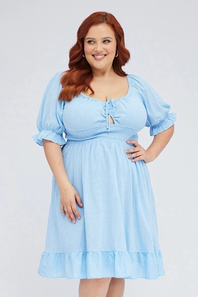 Mid Blue Short Puff Sleeve Peephole Blue Skater Dress Smart Waistband Fit