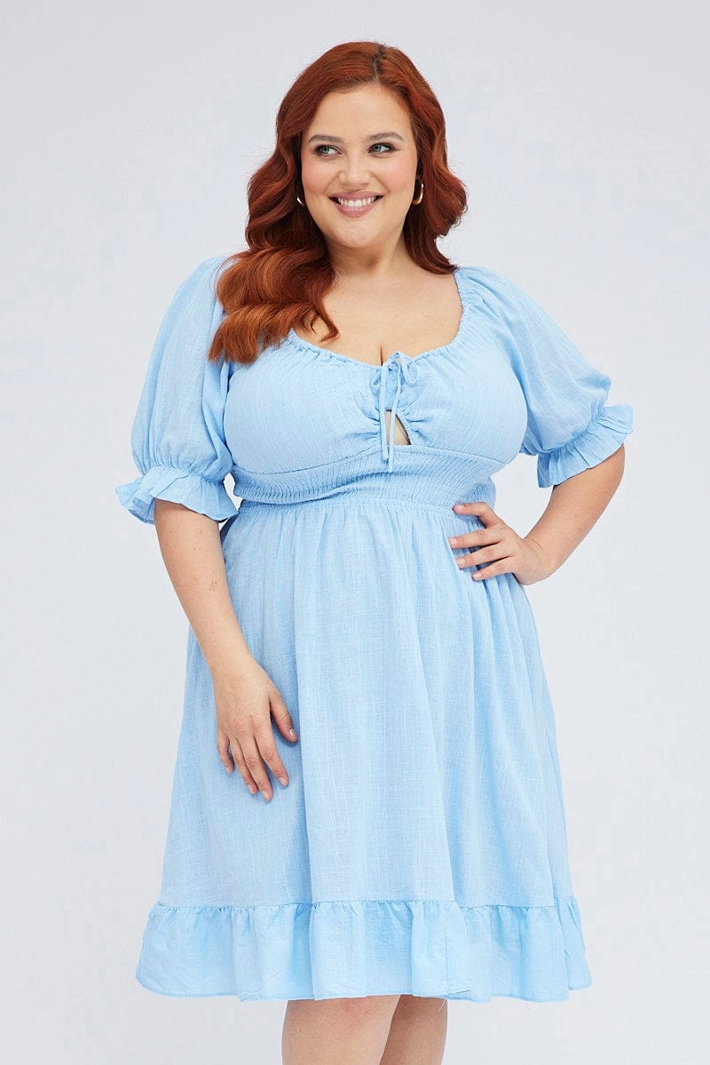 Mid Blue Short Puff Sleeve Peephole Blue Skater Dress Smart Waistband Fit