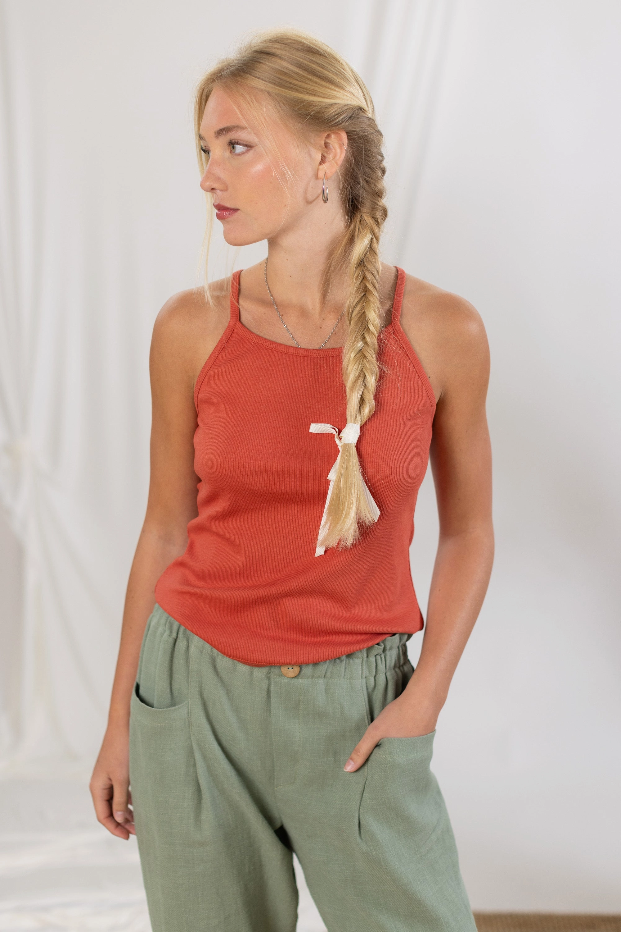 RibbedNeckline Lightweight Material Top Chica Sunset Orange