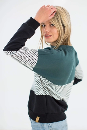 Errand Ready Cool Shades Sweater Mia in green, white herringbone & black.