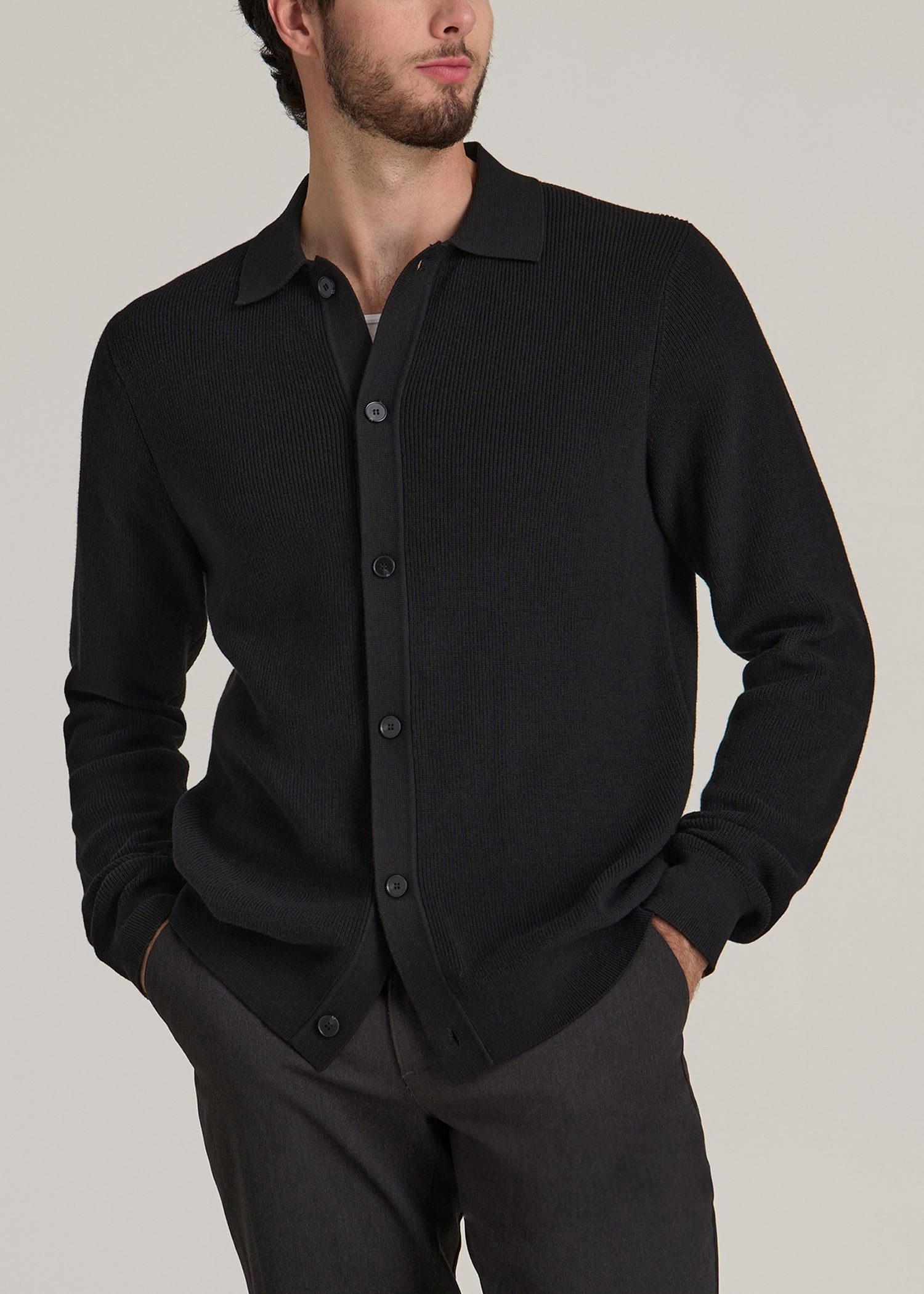 Concert Look Sweater Polo Cardigan for Tall Men in Black
