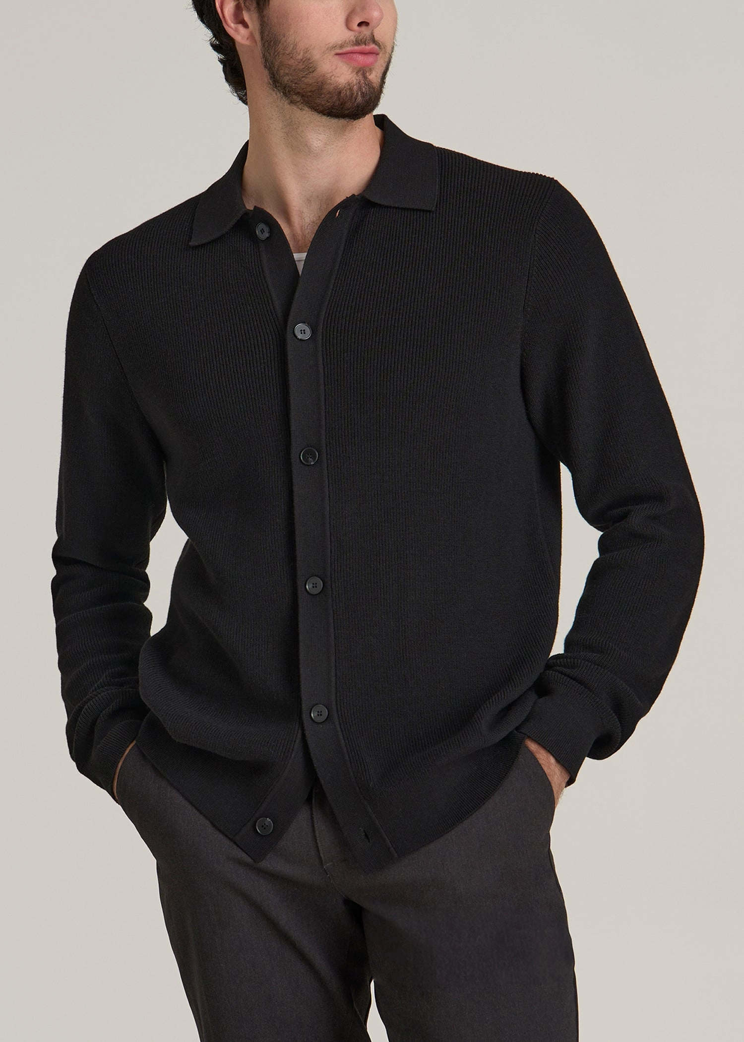 thermal Fashion Basics Sweater Polo Cardigan for Tall Men in Black