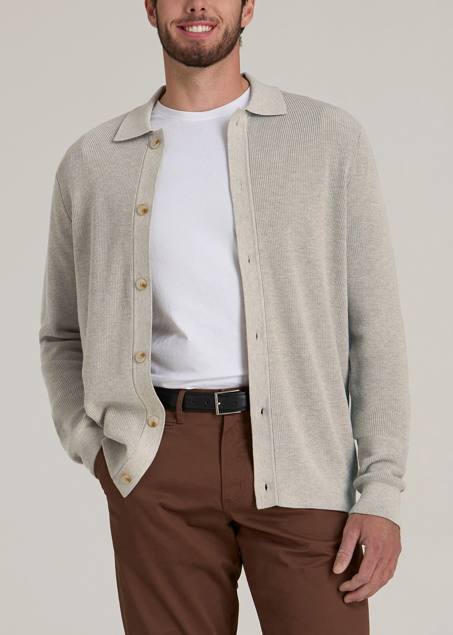 Cozy Collection Sweater Polo Cardigan for Tall Men in Cream Beige