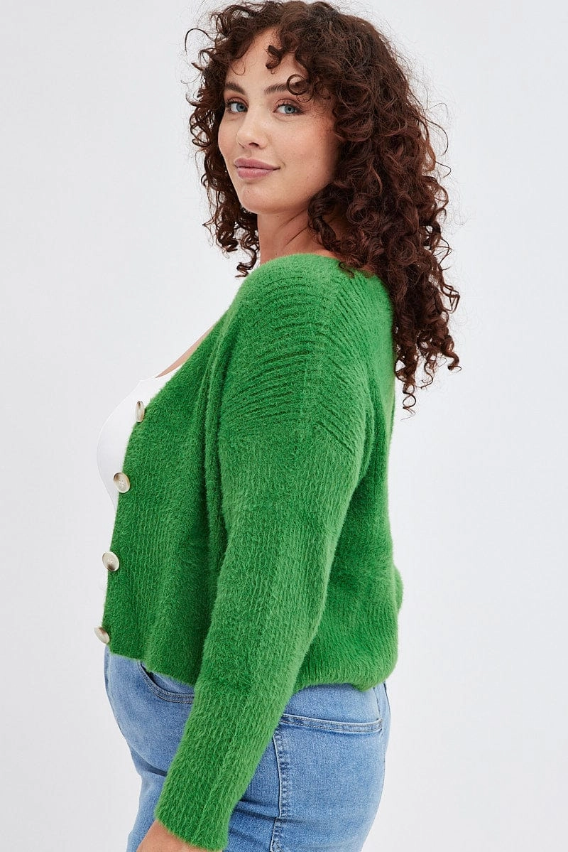 Recycled materials Comfort Fit Cut Green Knit Cardigan Long Sleeve Fluffy