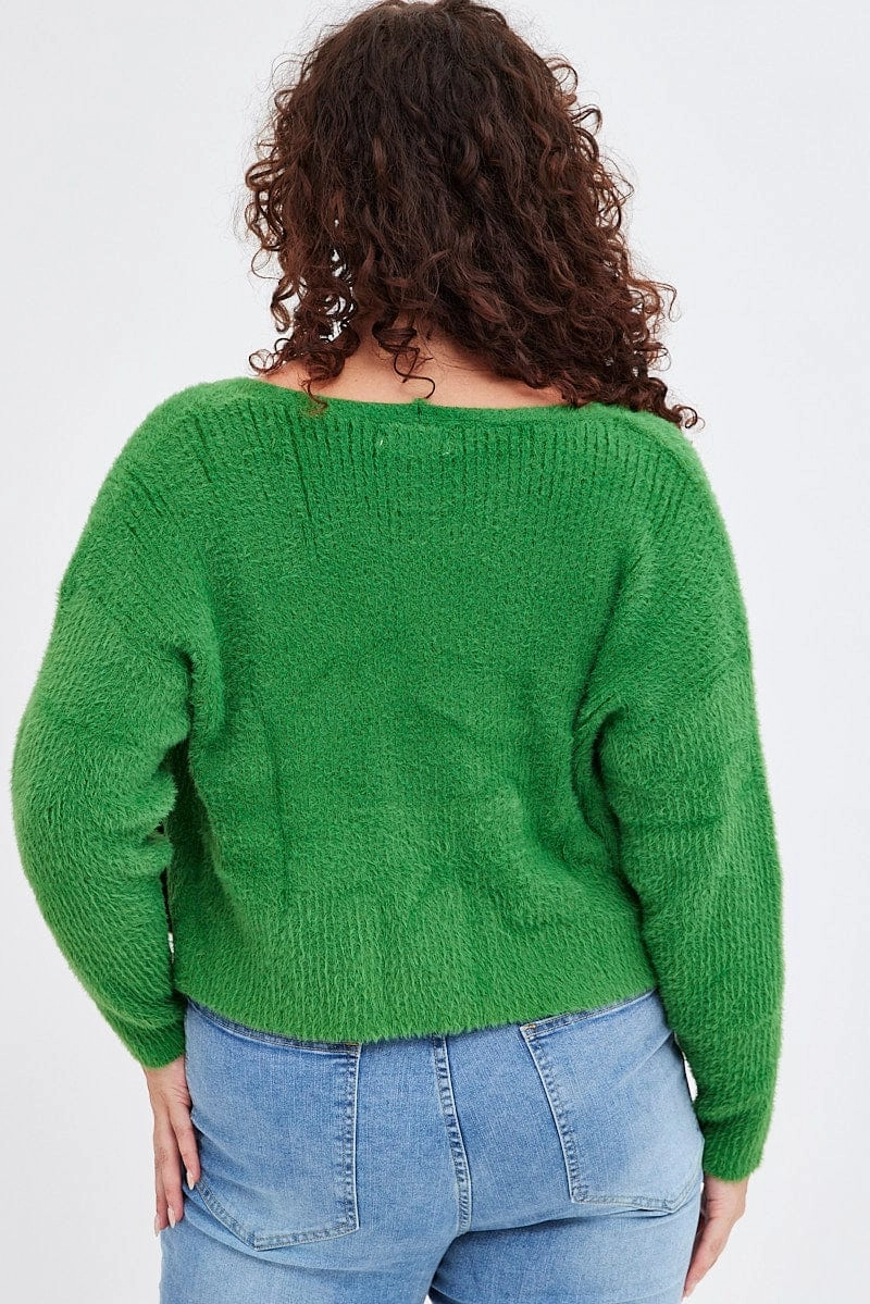 Green Knit Cardigan Long Sleeve Fluffy Snap Closures