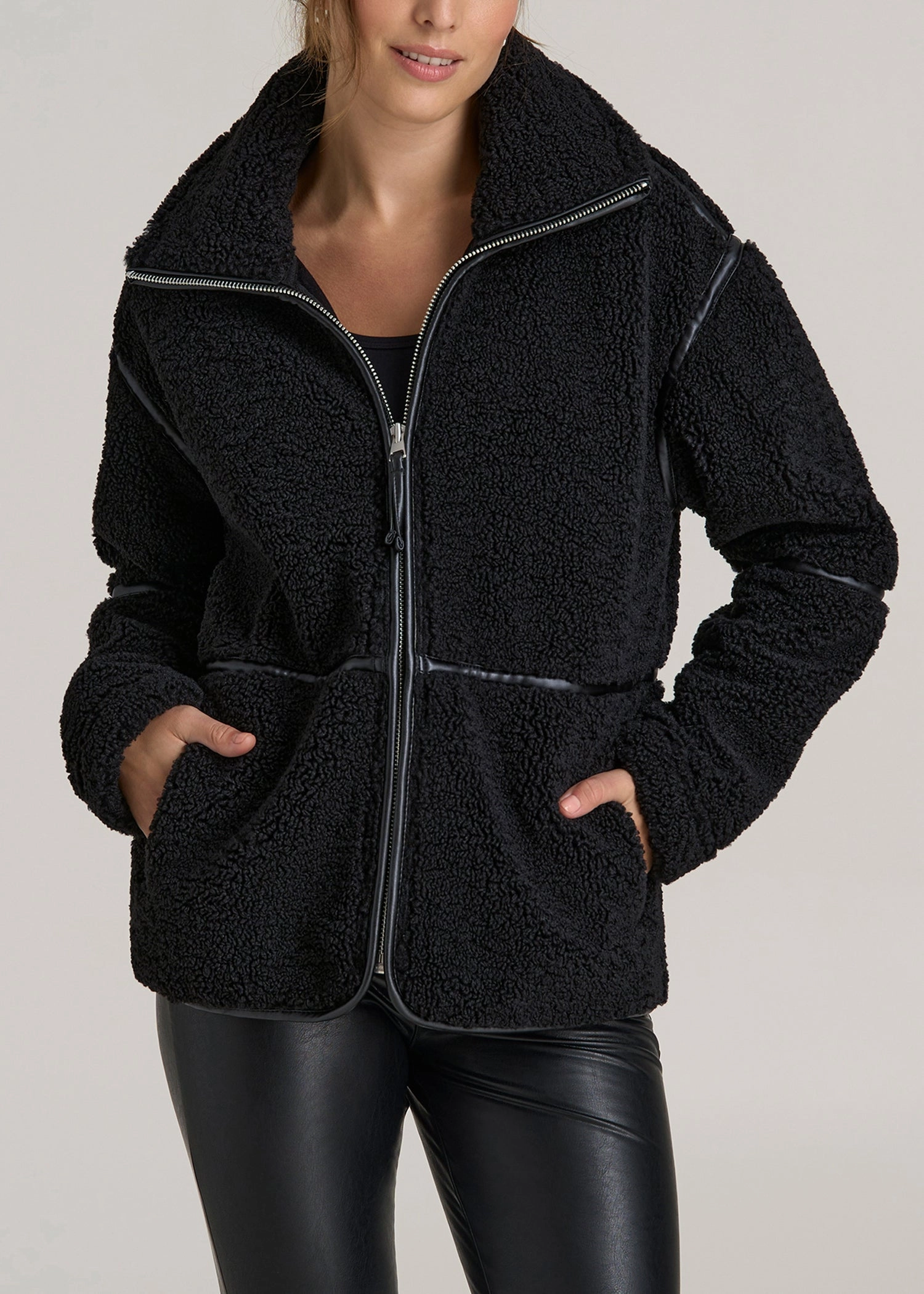Sealed Seams Relaxed Shearling Jacket for Tall Women in Black