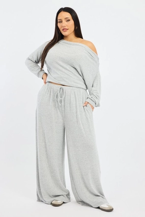 Breathable mesh design Adjustable loop Grey Tie Waist Brushed Jersey Wide Leg Lounge Pants