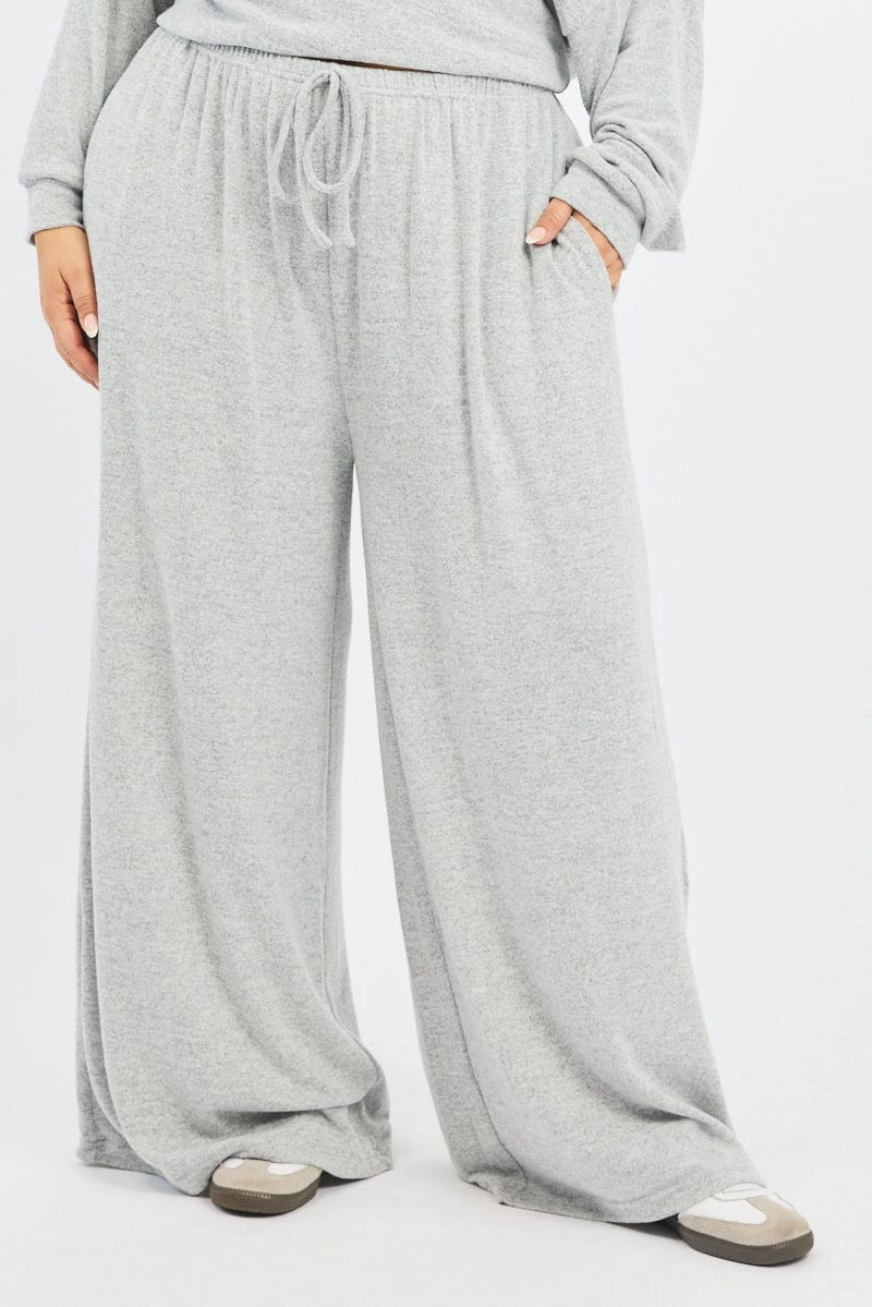 Grey Tie Waist Brushed Jersey Wide Leg Lounge Pants Quick Dry Fit