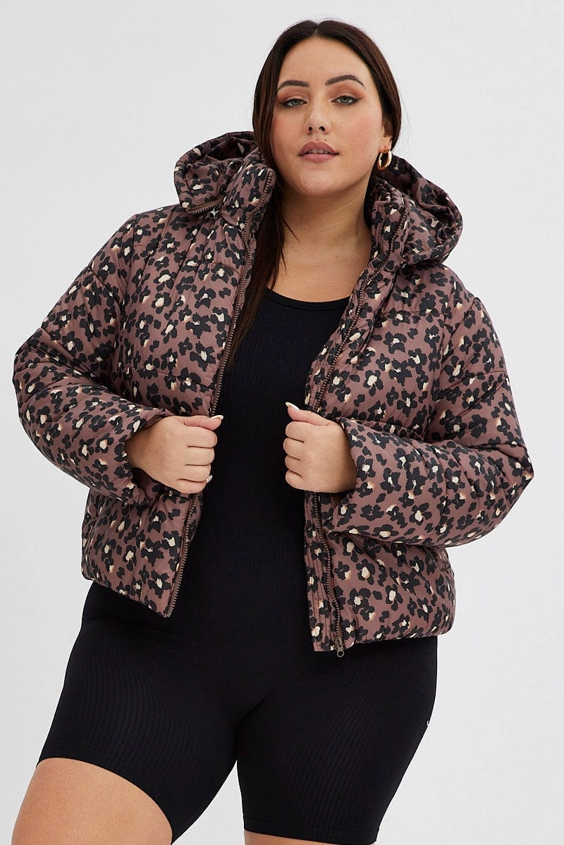 Brown Animal Print Puffer Jacket Long Sleeve Leopard Trail To Town Street Comfort