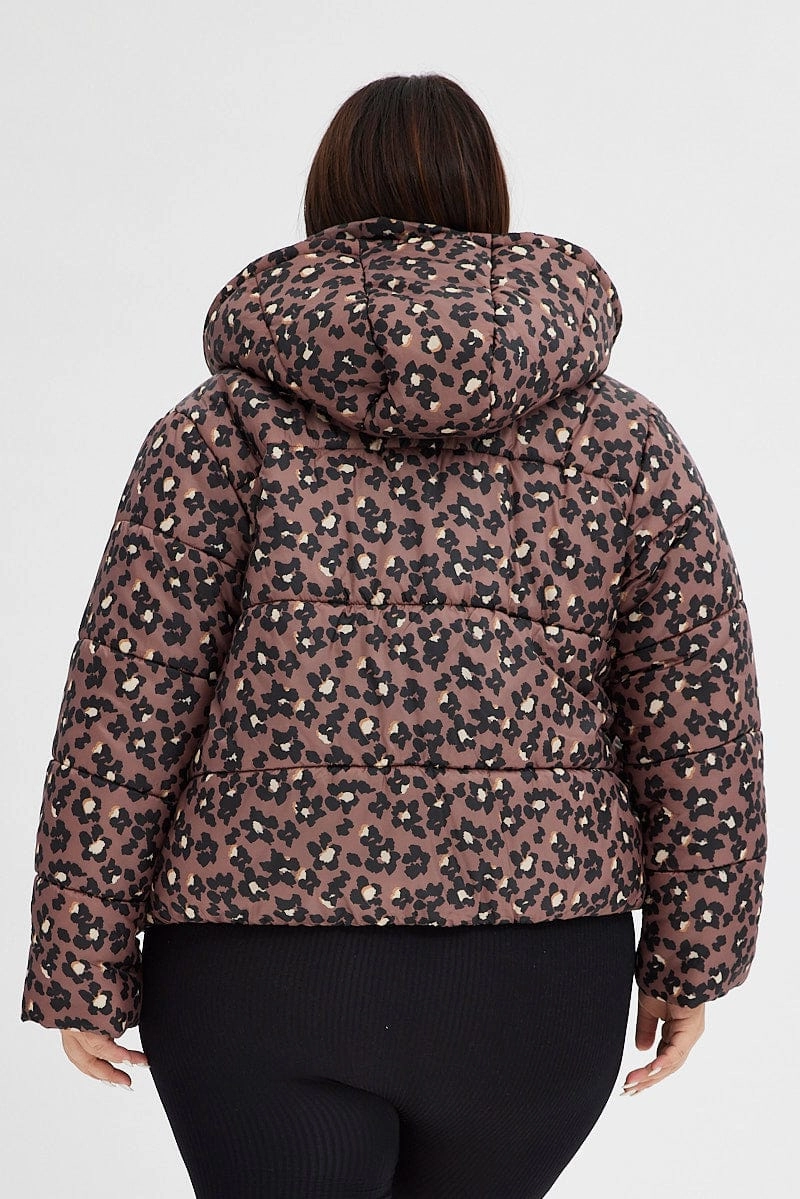 Non Restrictive Fit Brown Animal Print Puffer Jacket Long Sleeve Leopard