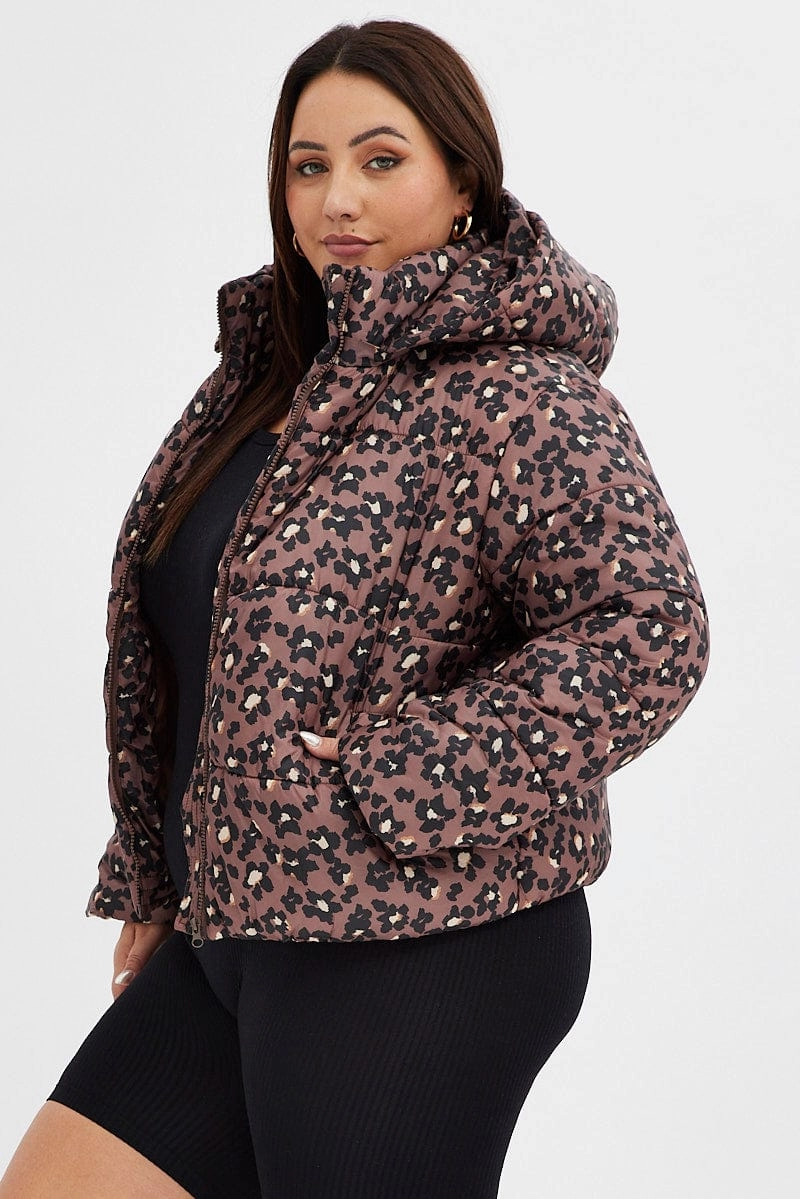 Brown Animal Print Puffer Jacket Long Sleeve Leopard Mold resistant