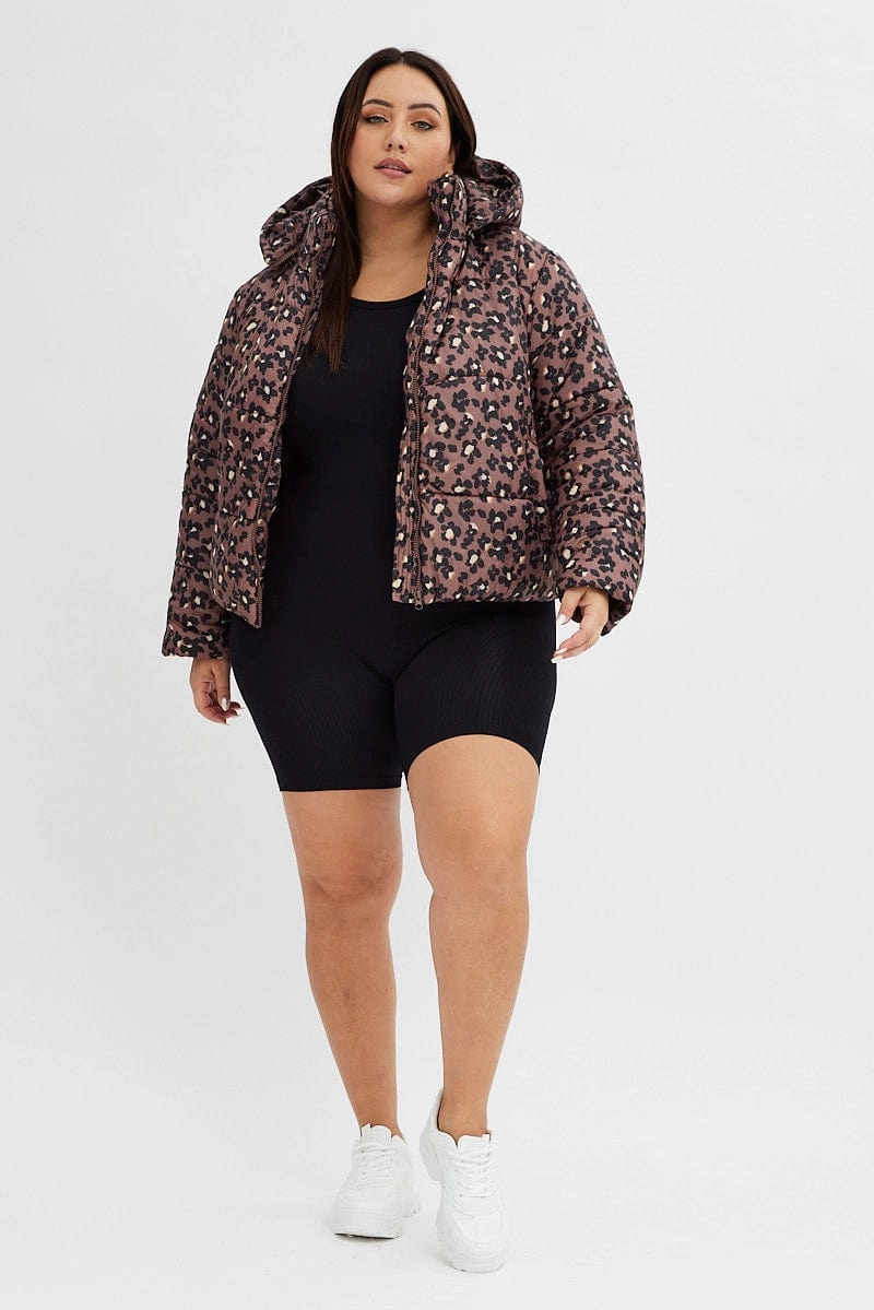 BondedSeams City Style Brown Animal Print Puffer Jacket Long Sleeve Leopard