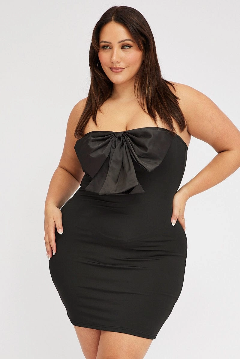 Smooth Drape Black Strapless Bow Minidress With Gloves