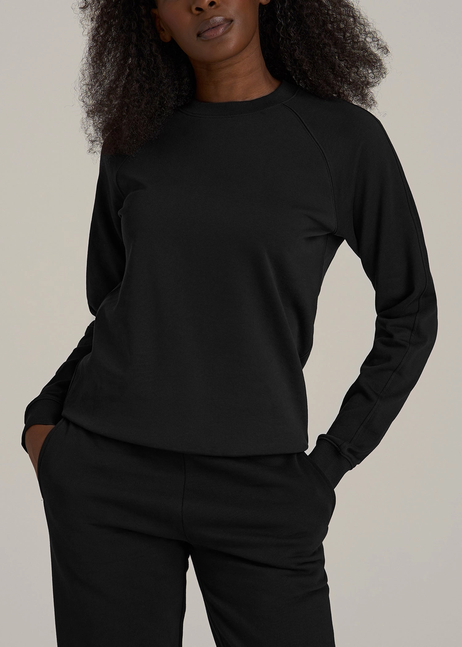 French Terry Crewneck Sweatshirt for Tall Women in Black Water-Repellent Finish bead accents