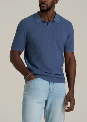 AntiBacterial Coating Versatile Comfort Linen Blend Ribbed Knit Polo Shirt for Tall Men in Steel Blue