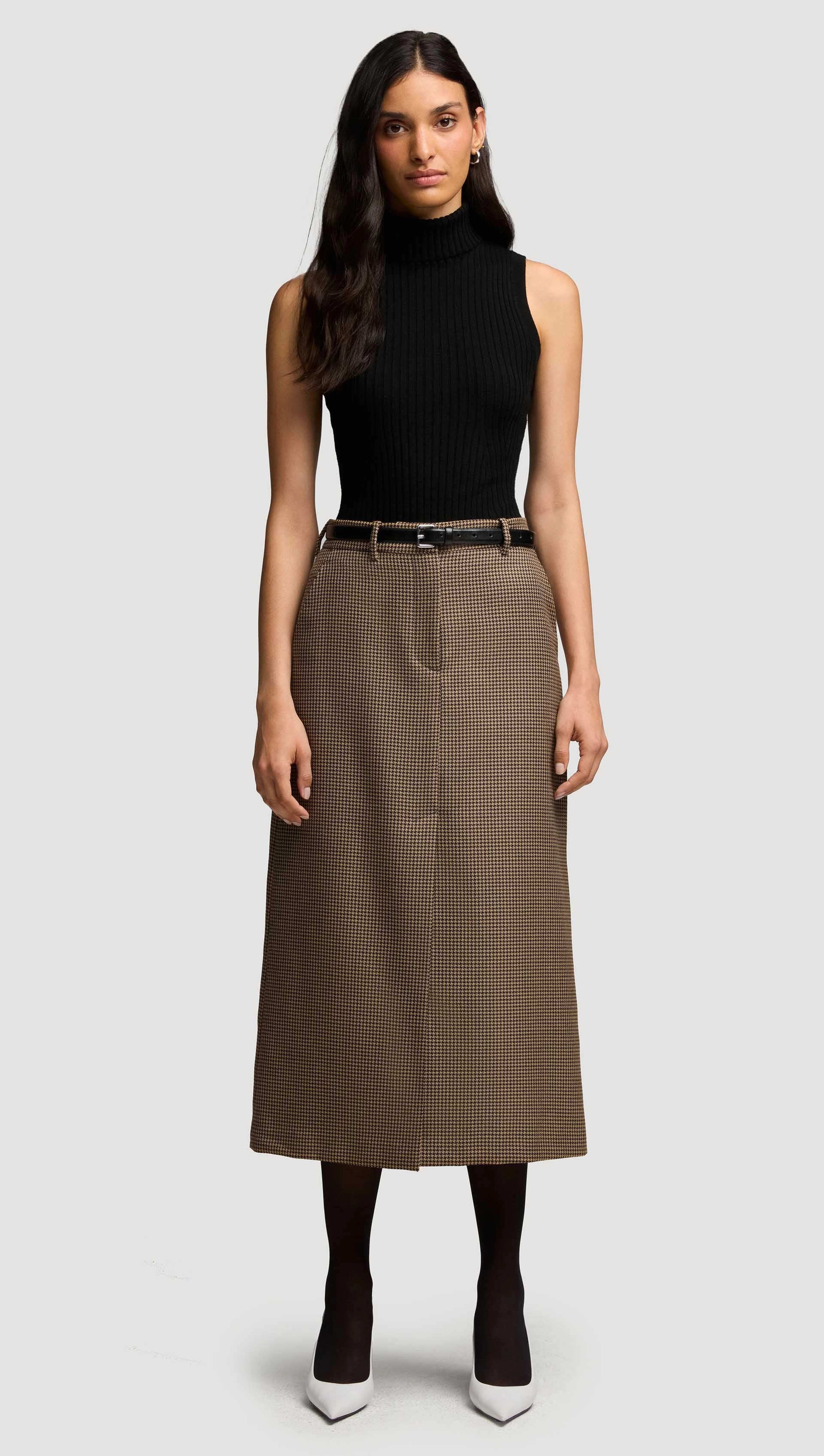 Detachable Detail Tailored Skirt in Wool | Brown Houndstooth