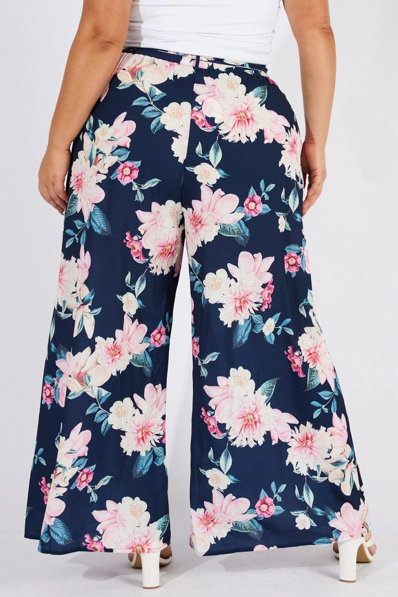 Quick-Dry Fabric Blue Floral Wide Leg Pants Belted