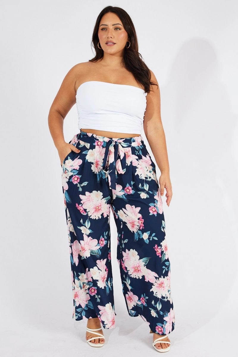 Blue Floral Wide Leg Pants Belted Outdoor Adventure Quick Flex