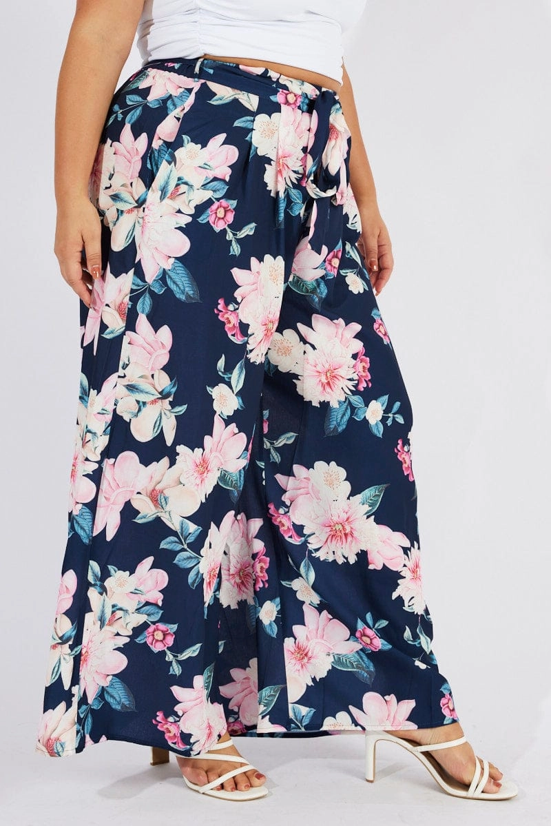 Blue Floral Wide Leg Pants Belted Quick drying material Ripstop Reinforcement