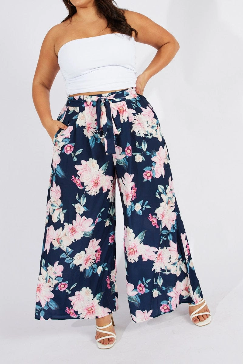 Blue Floral Wide Leg Pants Belted Casual Flex Movement Support