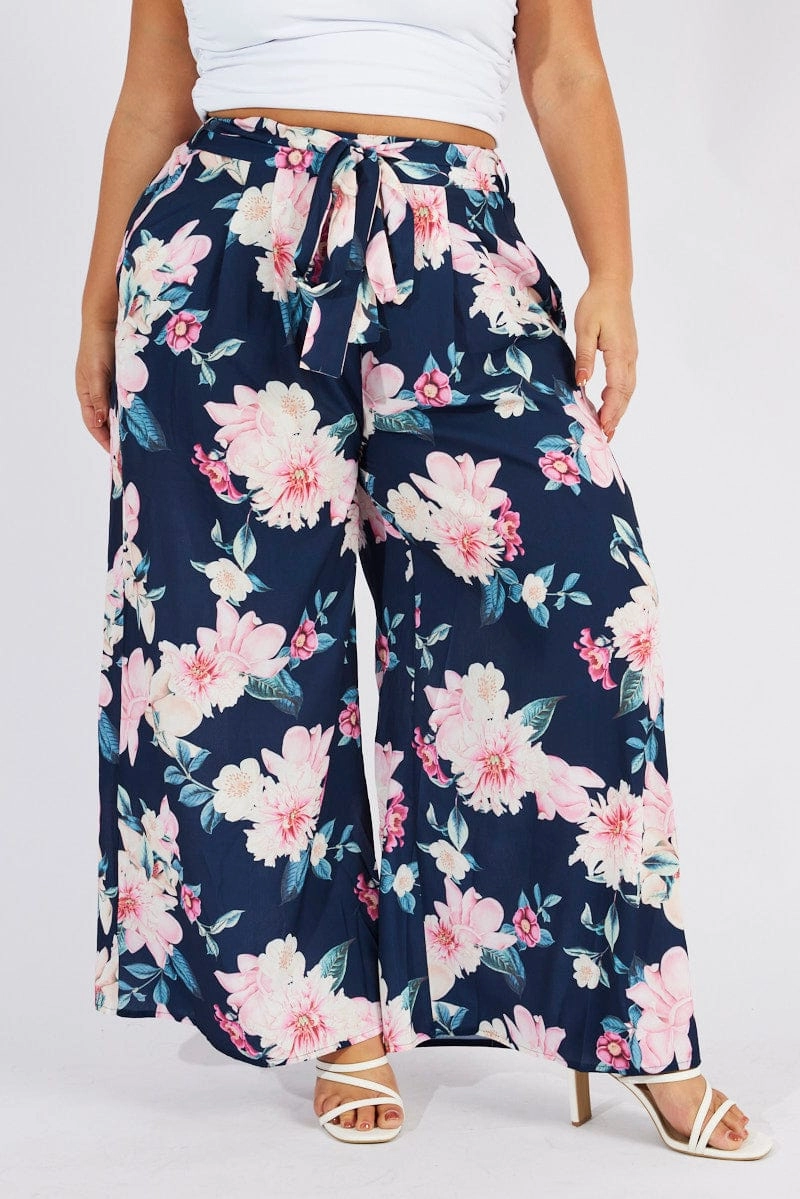 Stretch Comfort Blue Floral Wide Leg Pants Belted