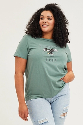 Layered Sleeve Construction SoftTouchFinish Green Graphic T-shirt Short Sleeve Eagle Print Cotton