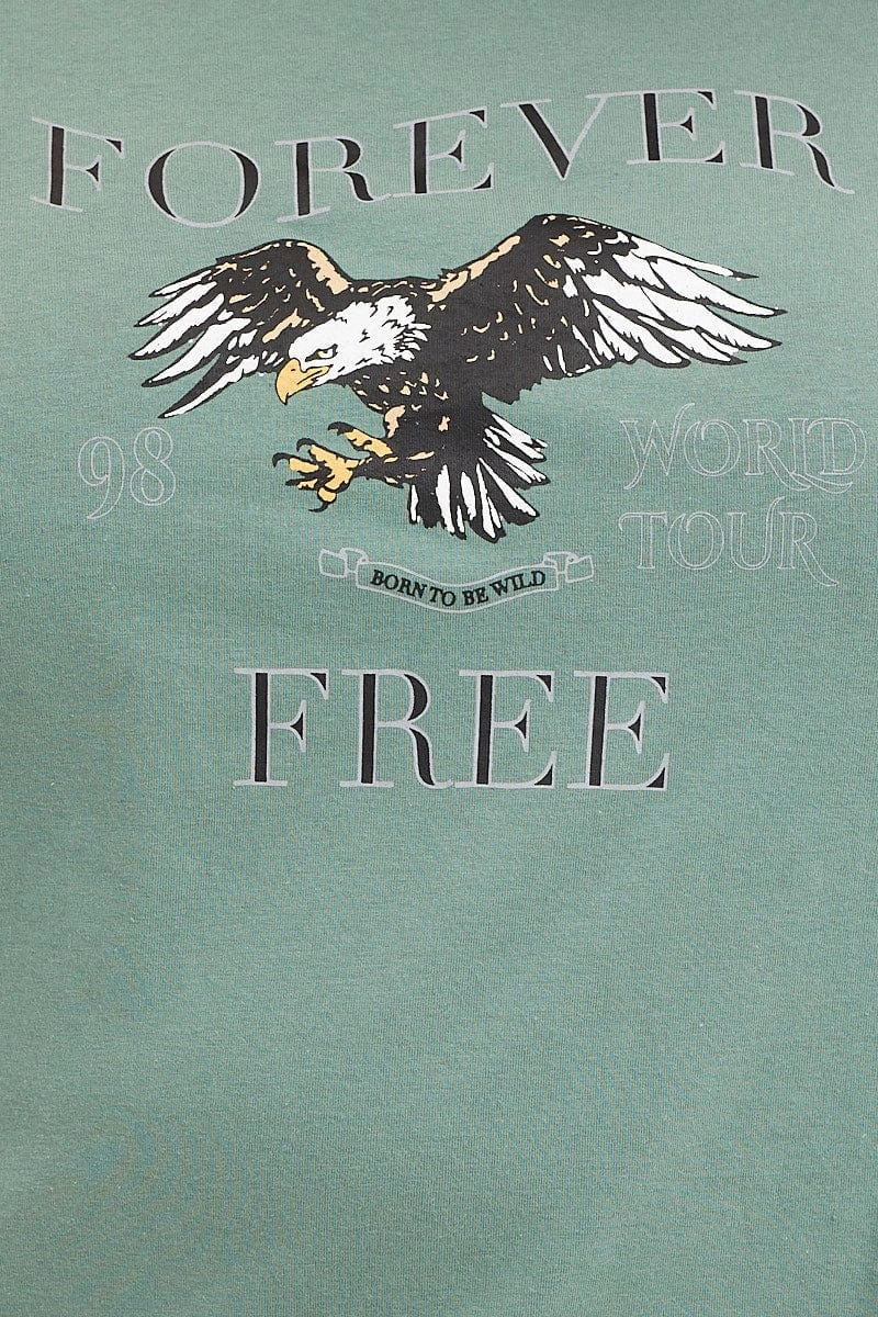 Green Graphic T-shirt Short Sleeve Eagle Print Cotton Modern Casual