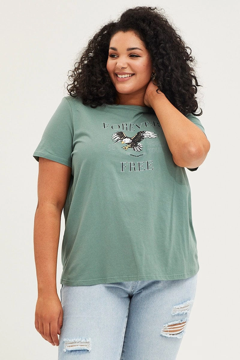 Green Graphic T-shirt Short Sleeve Eagle Print Cotton All-Season Comfort