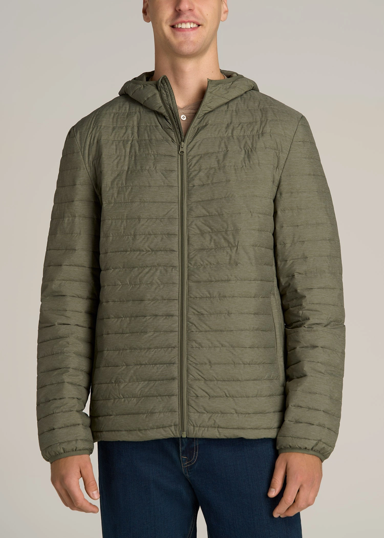 Classic Cut Multi Pocket Functionality Tall Men's Packable Puffer Jacket in Olive Space Dye